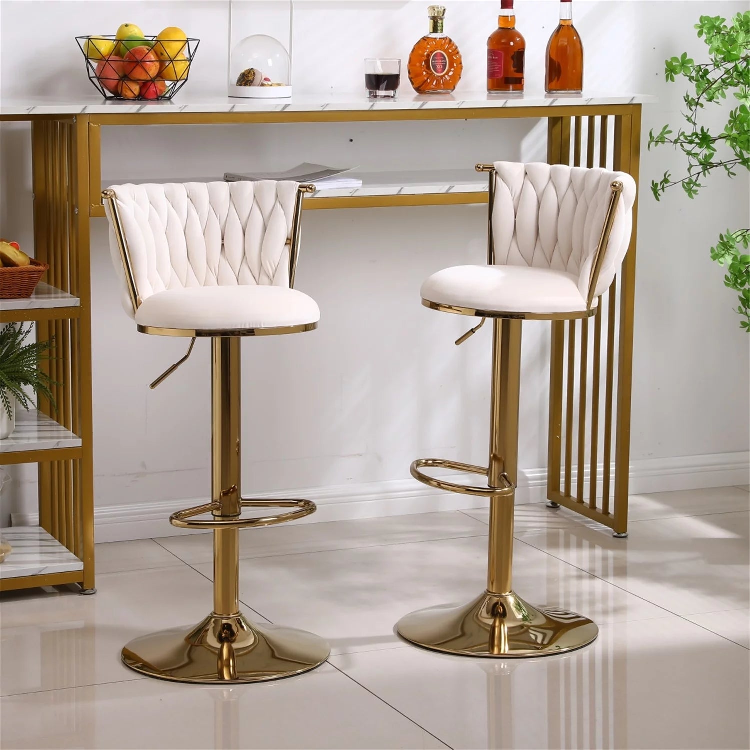 Set of 2 Velvet Bar Stools Dining Chairs with Adjustable Counter