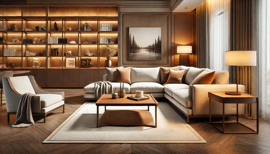 "A modern living room featuring a beige sectional sofa with decorative pillows, a wooden coffee table with a sleek design, and a stylish bookshelf illuminated with warm lighting in the background. 