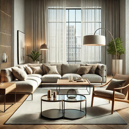  "A modern living room featuring a beige sectional sofa with decorative pillows, a wooden coffee table with a sleek design