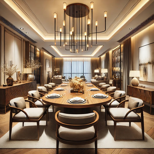 "A luxurious dining room featuring a round wooden dining table surrounded by elegant cushioned chairs, illuminated by a modern chandelier, creating a stylish and inviting atmosphere."