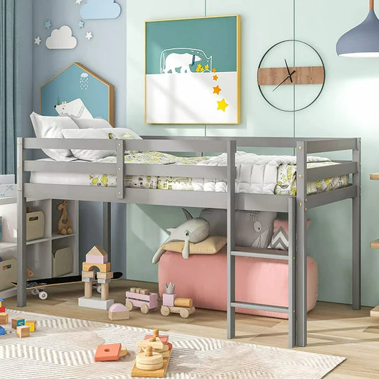 Twin Wood Loft Bed with Full-length Safety Rail and Ladder