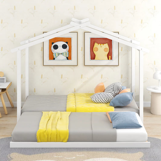 Twin House Platform Bed with Trundle, Roof Design for Kid’ Room