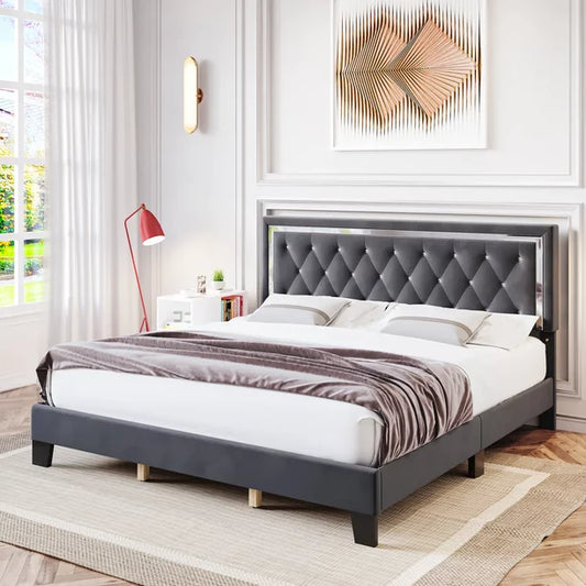  Diamond Tufted Upholstered Platform Bed with Adjustable Headboard