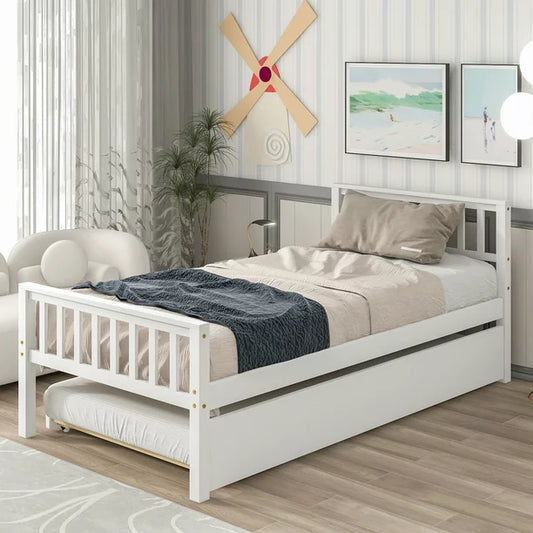 Twin Size Wood Platform Bed with Trundle, Twin Bed Frame with Headboard and Footboard