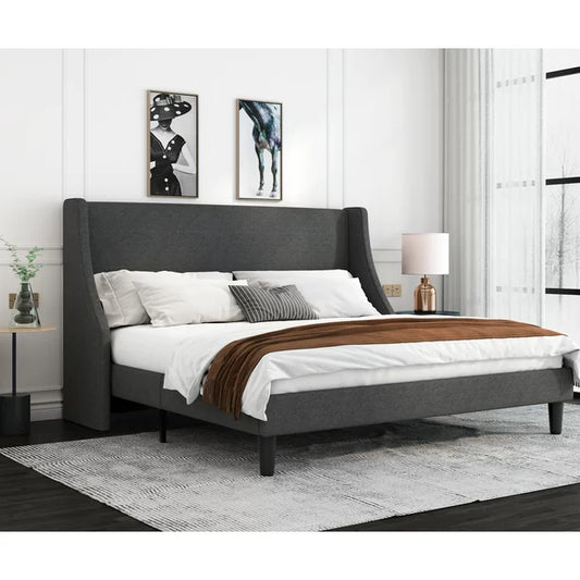 Fabric Upholstered Platform Bed Frame with Wingback Headboard