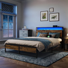 Platform Bed Frame with Headboard and 3 Storage Shelves, Metal Bed with Lights, Outlets & USB