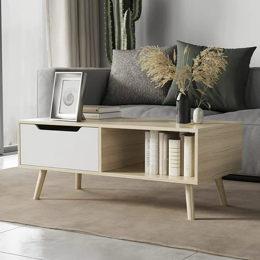 Modern Coffee Table, Wooden Cocktail Table with Open Storage Shelf and 1 Drawer