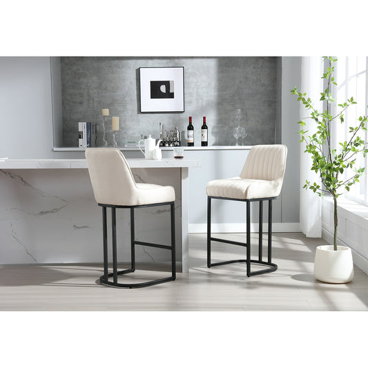 Counter Height Bar Stools Set of 2, Linen Upholstered Kitchen Barstools with Back and Gold Base