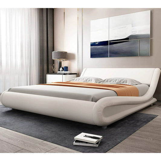 Platform Bed Frame with Curved Adjustable Headboard, Faux Leather Upholstered Style