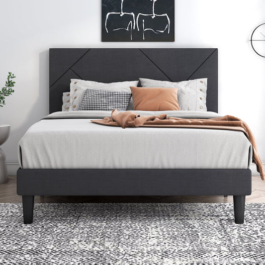 Full Size Metal Platform Bed Frame with Geometric Upholstered Headboard, Grey