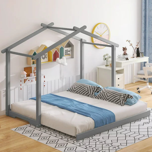 Twin House Platform Bed with Trundle, Roof Design for Kid’ Room