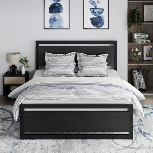 Full Queen Size Platform Bed and Black Metal Bed Frame with Wooden Headboard and Footboard