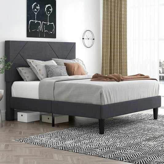 Full Size Metal Platform Bed Frame with Geometric Upholstered Headboard, Grey