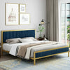   Bed Gold Metal Platform Frame with Upholstered Velvet Headboard