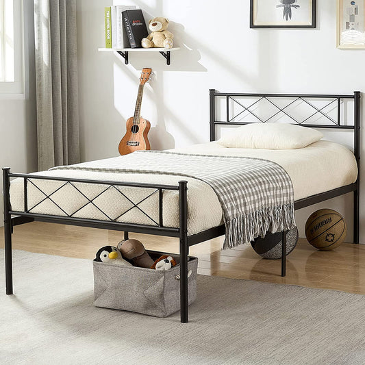 Single Platform Bed Frame Twin Size with Vintage Headboard and Footboard,Black