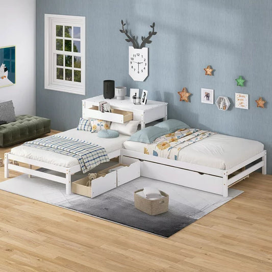 Full L-Platform Beds with Trundle, Drawers and Table for Kids Bedroom, White