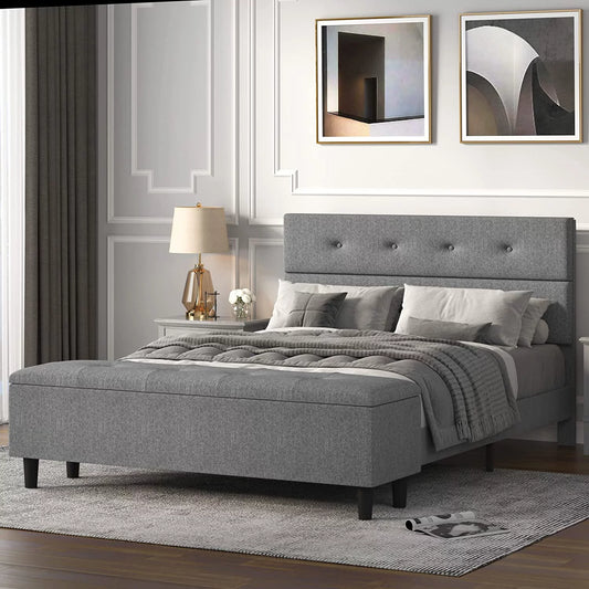 Queen Size Upholstered Platform Bed Frame with Storage Bench