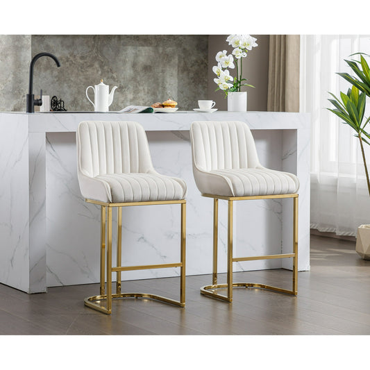 Counter Height Bar Stools Set of 2, Linen Upholstered Kitchen Barstools with Back and Gold Base