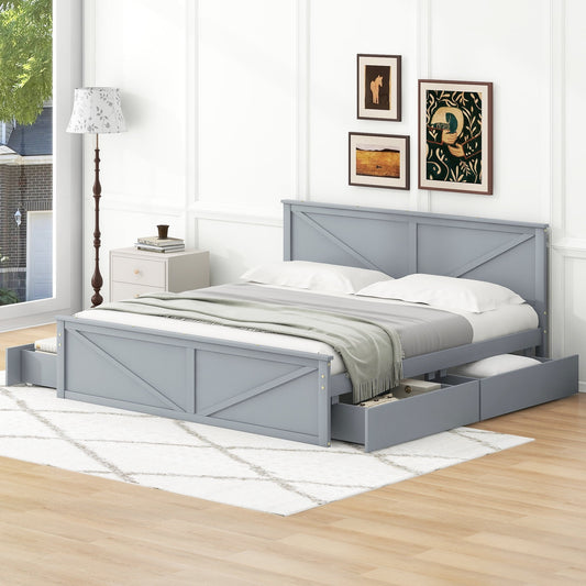 King Wooden Platform Bed with Drawers for Living Room, Adults