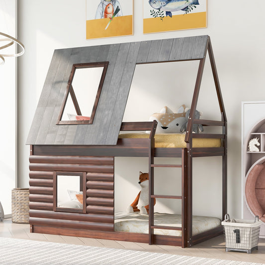 Twin over Twin House Bunk Bed with Roof for Kids Bedroom