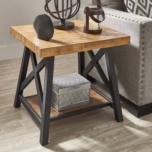 Westyn Rustic X Base Wood End Table with Shelf, Brown