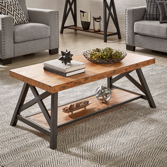 Westin Rustic Wood X Rectangular Coffee Table with Wood Base