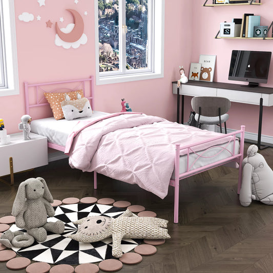 Kids Pink Metal Platform Bed Frame Twin Single Bed with Headboard & Footboard for Girls Bedroom Furniture