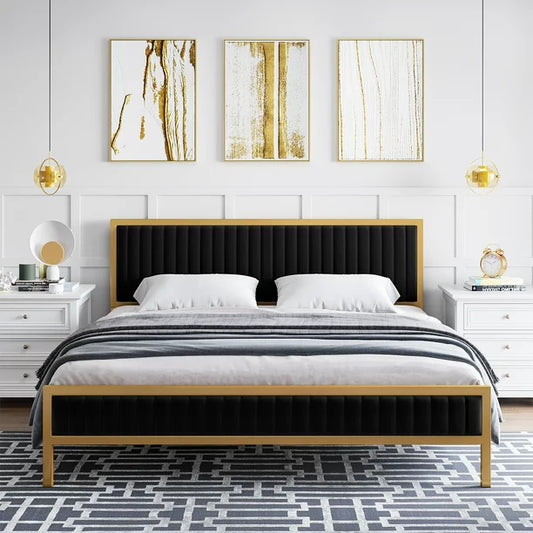   Bed Gold Metal Platform Frame with Upholstered Velvet Headboard