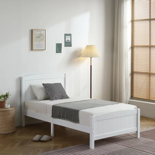 Twin Bed, Pine Single-Layer Vertical Striped Bed with Headboard and Footboard white