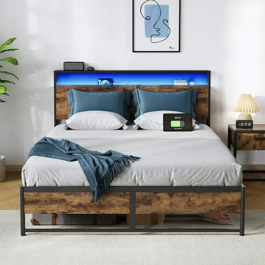 Platform Bed Frame with Headboard and 3 Storage Shelves, Metal Bed with Lights, Outlets & USB