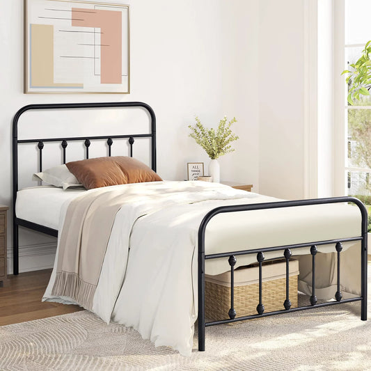 Single Platform Bed Frame Twin Size with Vintage Headboard and Footboard,Black