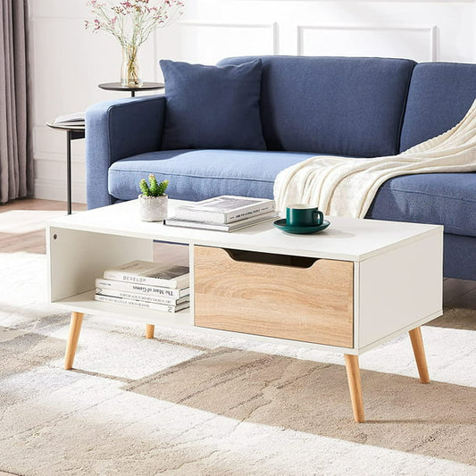 Modern Coffee Table, Wooden Cocktail Table with Open Storage Shelf and 1 Drawer